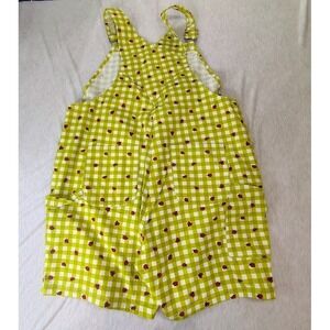Duluth Trading Womens Green Gingham Ladybug Embroidered Shortall Overalls Sz XL